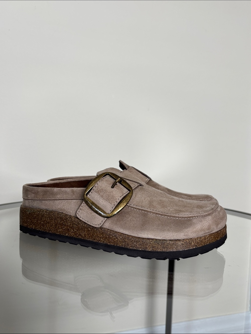 Mountain Sole Women’s Suede Buckle Slide On Slip On Clog in Taupe Khaki Neutral